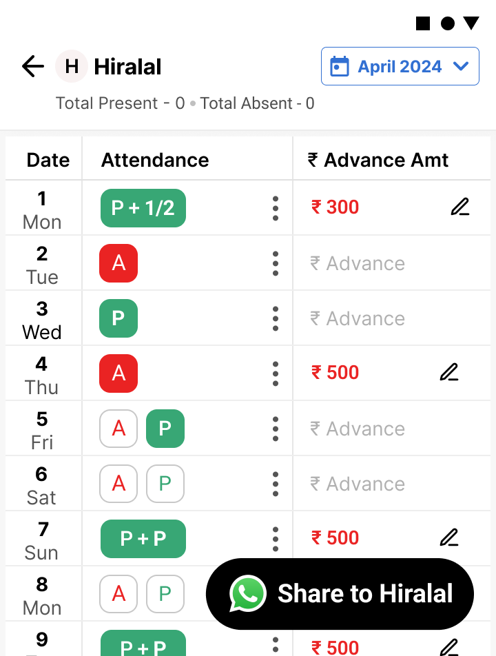 Laborbook daily attendance marking interface with worker check-in and check-out tracking